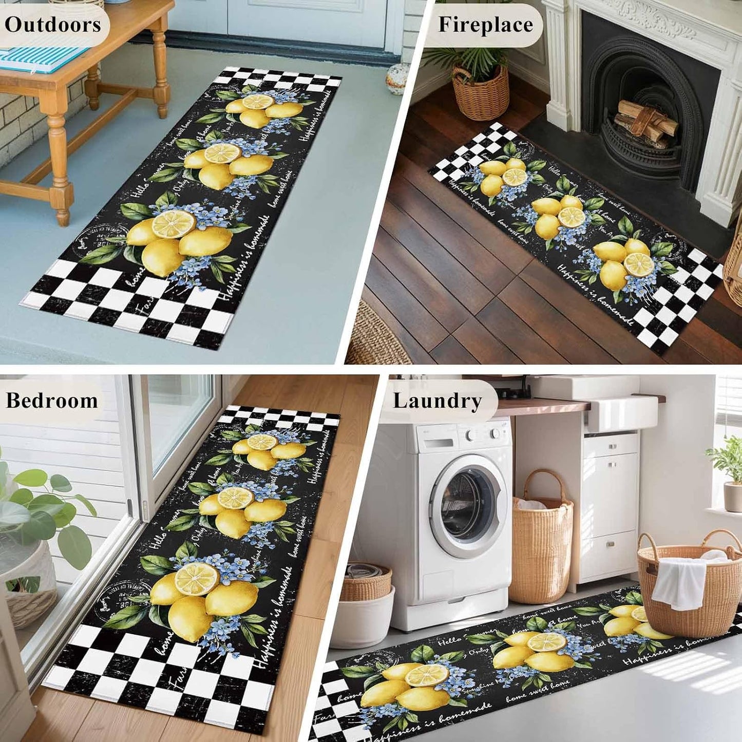 Summer Lemon Flower Leaves Floor Carpet Living Room Rug, Black White Buffalo Plaid Non-Slip Welcome Mat Indoor Rugs for Bedroom Dining Room