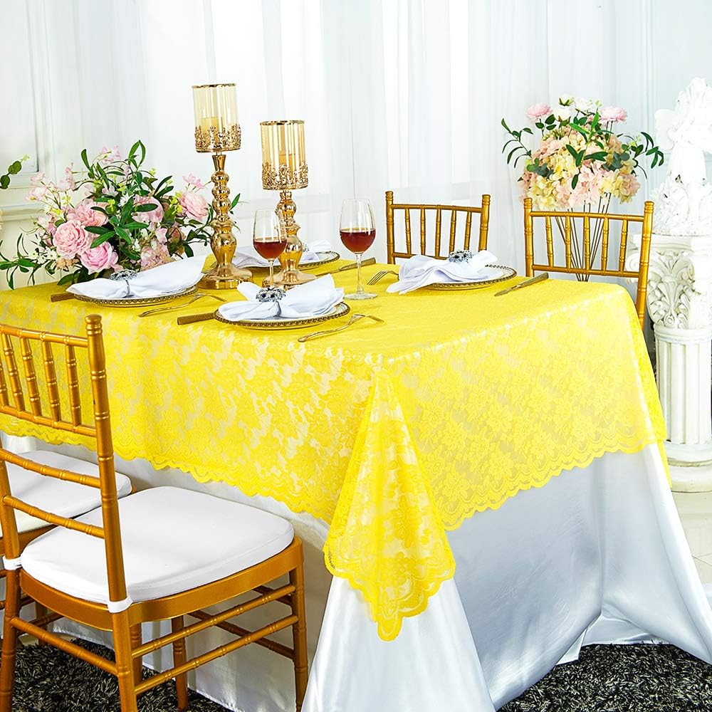 54 in x 108 in Lace Table Overlays, Lace Tablecloths Rectangle, Rectangular Lace Table Overlay Linens, Lace Table Toppers for Wedding Decorations, Events Banquet Party Suppliess - Canary Yellow