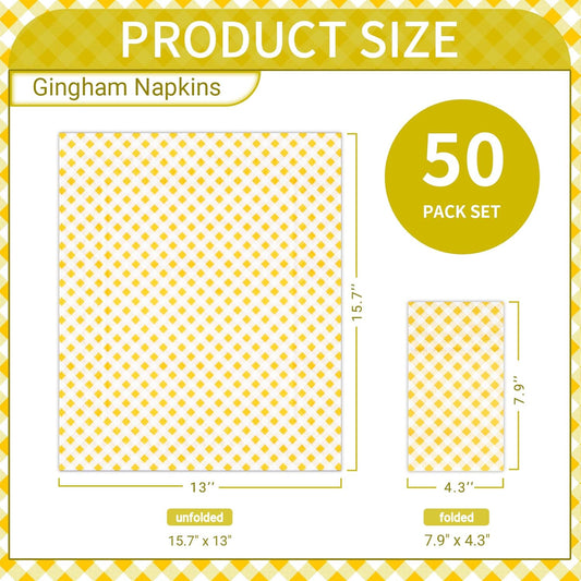 Yellow Gingham Napkins, Yellow and White Checkered Guest Towel Plaid Party Napkins Disposable Paper Hand Towels for Luncheon, Dinner, Picnic, Birthday, Easter, Graduation Party, 3-Ply, 50 Pcs