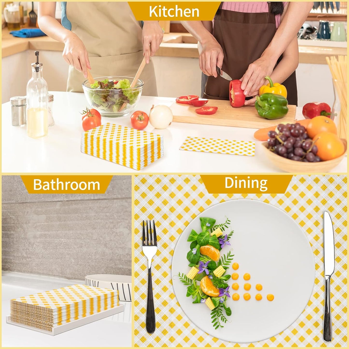 Yellow Gingham Napkins, Yellow and White Checkered Guest Towel Plaid Party Napkins Disposable Paper Hand Towels for Luncheon, Dinner, Picnic, Birthday, Easter, Graduation Party, 3-Ply, 50 Pcs