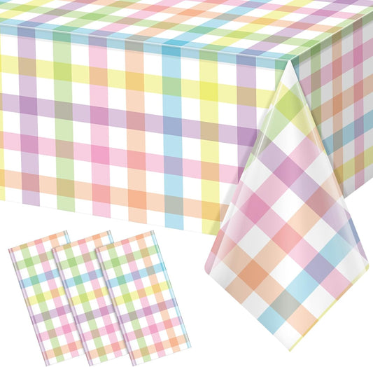 3Pcs Spring Easter Pastel Plaid Tablecloths Decorations,Plastic Pink Blue Yellow Green Watercolor Buffalo Disposable Table Cover for Indoor Outdoor Spring Birthday Easter Party Supplies,54 x 108 Inch