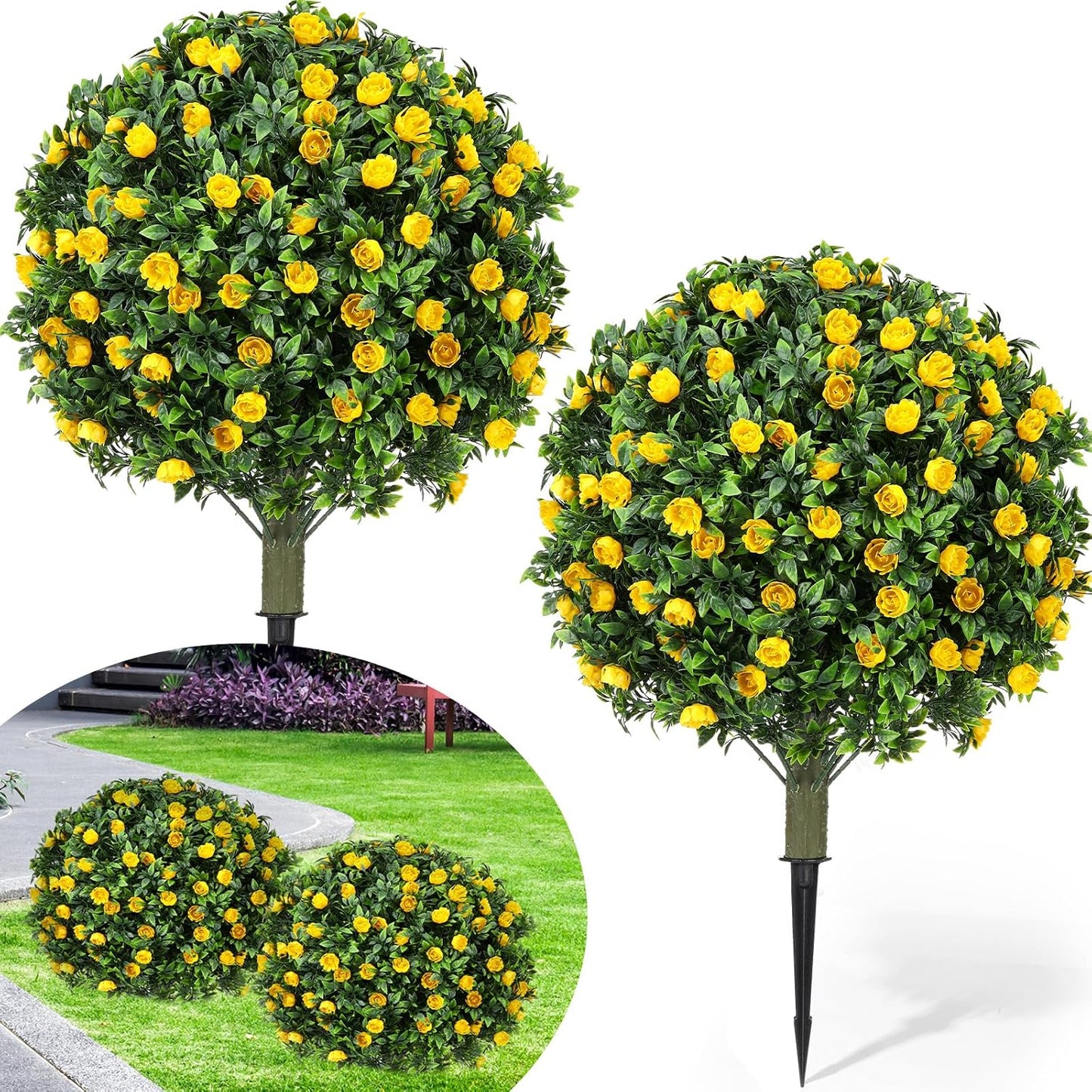 2 Pack 24" Artificial Topiary Ball Plants Trees with Flowers, Outdoor Fake Topiary Plants with Ground Spike, UV Resistant Faux Bushes for Indoor Outdoor Front Door Decor(Yellow,Rose)