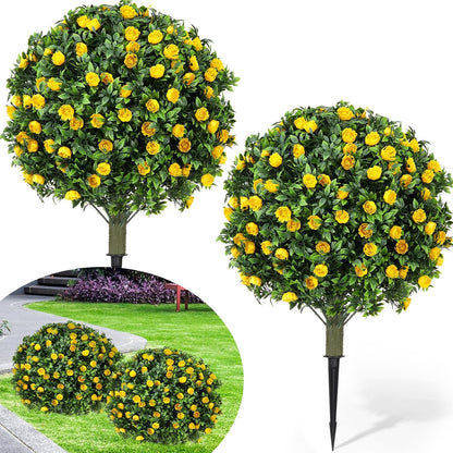 2 Pack 24" Artificial Topiary Ball Plants Trees with Flowers, Outdoor Fake Topiary Plants with Ground Spike, UV Resistant Faux Bushes for Indoor Outdoor Front Door Decor(Yellow,Rose)