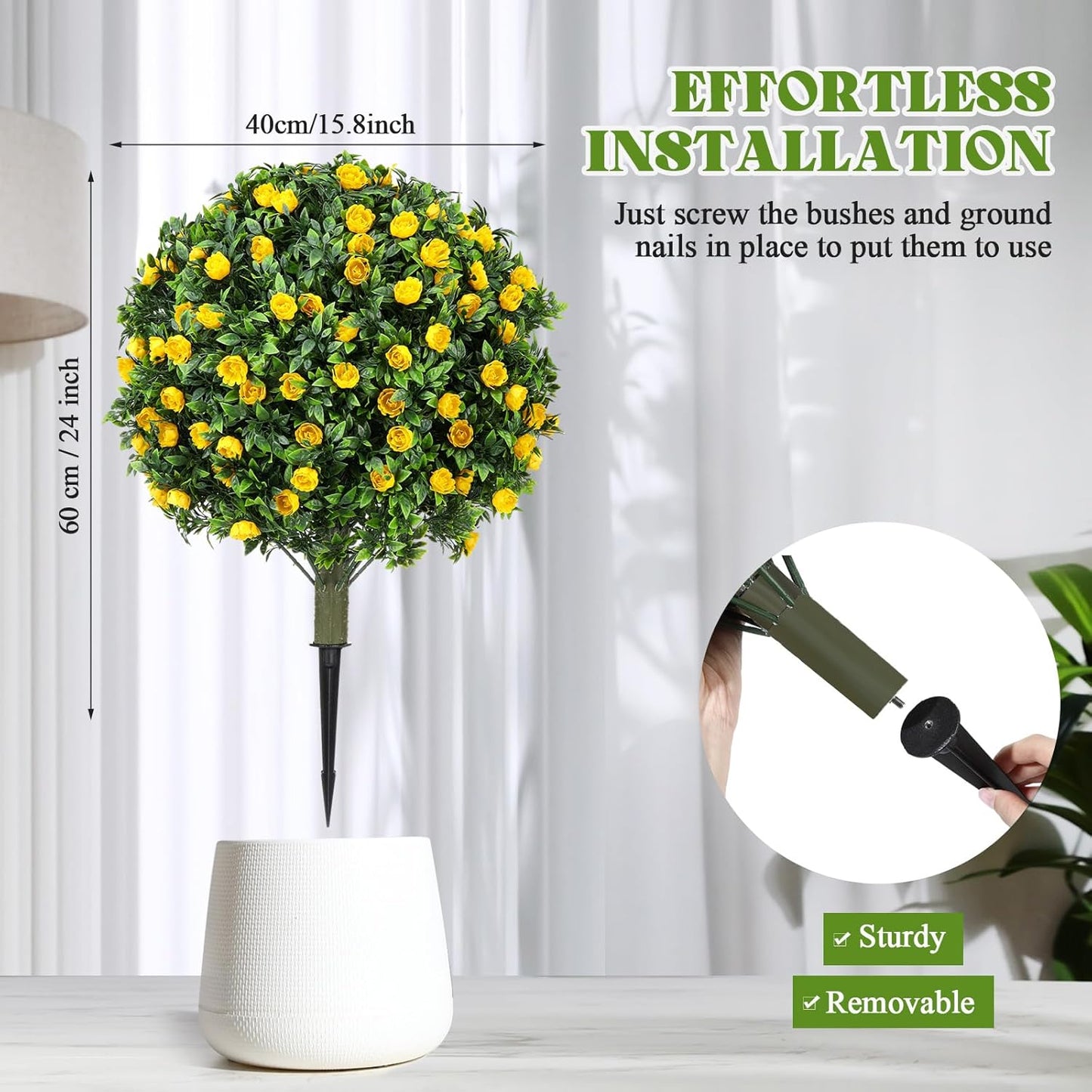 2 Pack 24" Artificial Topiary Ball Plants Trees with Flowers, Outdoor Fake Topiary Plants with Ground Spike, UV Resistant Faux Bushes for Indoor Outdoor Front Door Decor(Yellow,Rose)