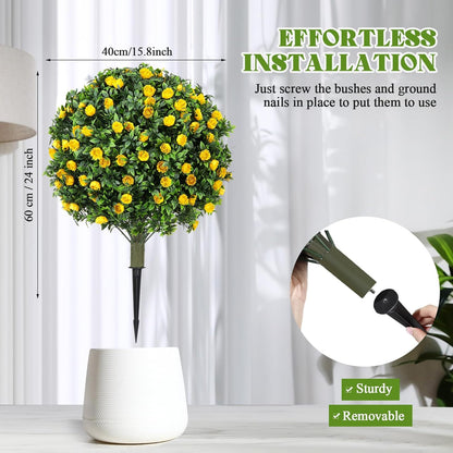 2 Pack 24" Artificial Topiary Ball Plants Trees with Flowers, Outdoor Fake Topiary Plants with Ground Spike, UV Resistant Faux Bushes for Indoor Outdoor Front Door Decor(Yellow,Rose)