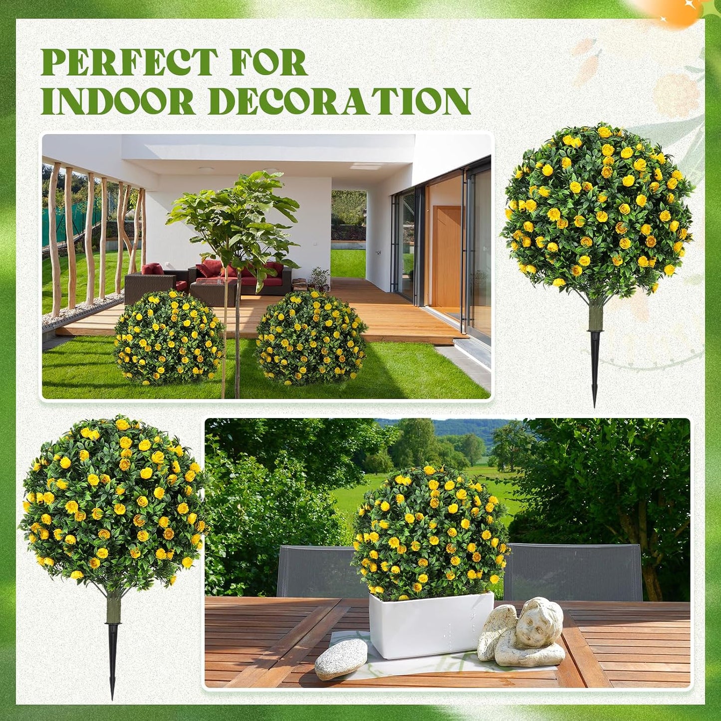 2 Pack 24" Artificial Topiary Ball Plants Trees with Flowers, Outdoor Fake Topiary Plants with Ground Spike, UV Resistant Faux Bushes for Indoor Outdoor Front Door Decor(Yellow,Rose)