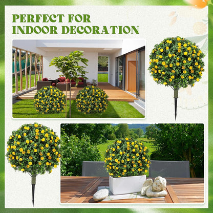 2 Pack 24" Artificial Topiary Ball Plants Trees with Flowers, Outdoor Fake Topiary Plants with Ground Spike, UV Resistant Faux Bushes for Indoor Outdoor Front Door Decor(Yellow,Rose)