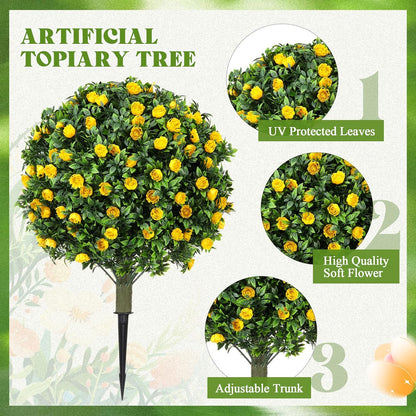 2 Pack 24" Artificial Topiary Ball Plants Trees with Flowers, Outdoor Fake Topiary Plants with Ground Spike, UV Resistant Faux Bushes for Indoor Outdoor Front Door Decor(Yellow,Rose)