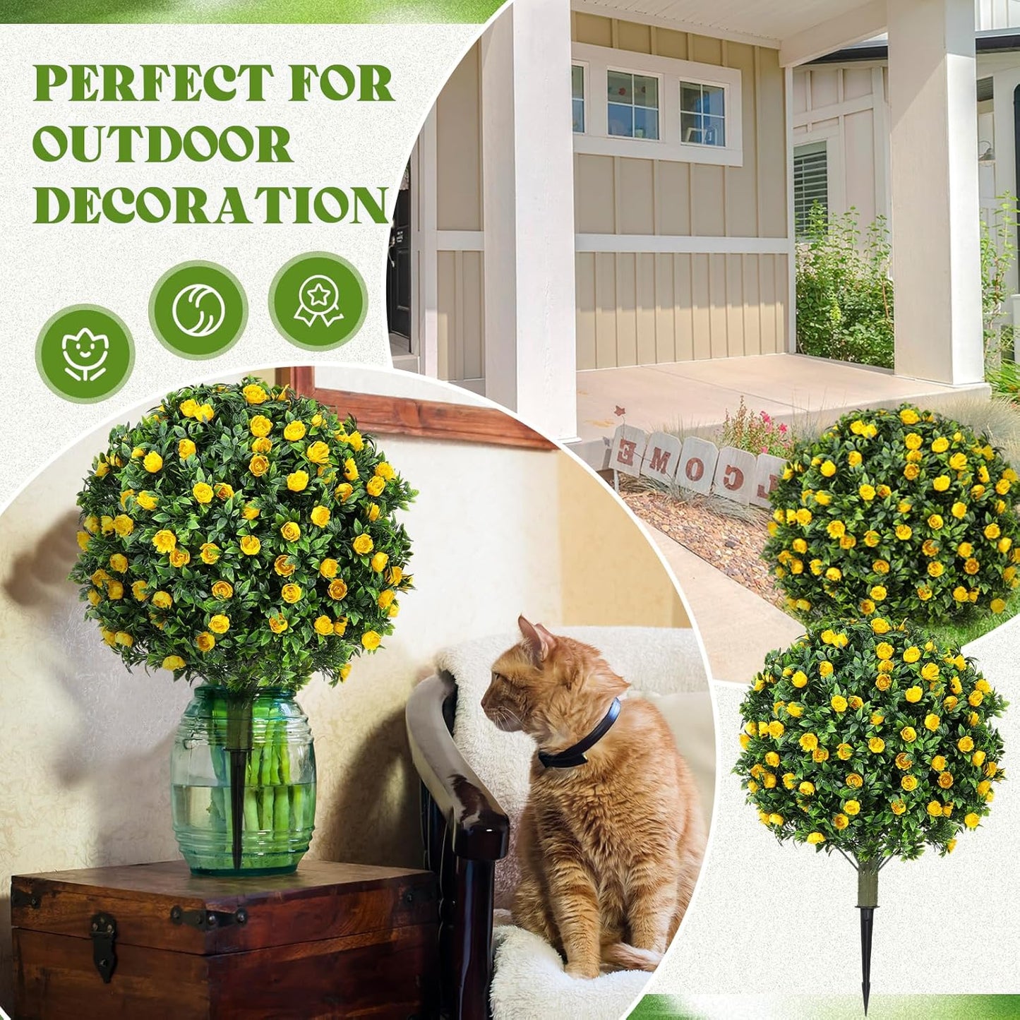 2 Pack 24" Artificial Topiary Ball Plants Trees with Flowers, Outdoor Fake Topiary Plants with Ground Spike, UV Resistant Faux Bushes for Indoor Outdoor Front Door Decor(Yellow,Rose)