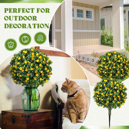 2 Pack 24" Artificial Topiary Ball Plants Trees with Flowers, Outdoor Fake Topiary Plants with Ground Spike, UV Resistant Faux Bushes for Indoor Outdoor Front Door Decor(Yellow,Rose)