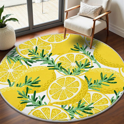 Lemon Rosemary Round Rug 2ft Summer Fruit Circle Area Rug Non-Slip Washable Round Carpet, Yellow Circle Rugs for Bedroom Living Room Kitchen Study Playing