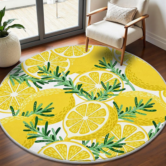 Lemon Rosemary Round Rug 2ft Summer Fruit Circle Area Rug Non-Slip Washable Round Carpet, Yellow Circle Rugs for Bedroom Living Room Kitchen Study Playing