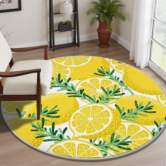 Lemon Rosemary Round Rug 2ft Summer Fruit Circle Area Rug Non-Slip Washable Round Carpet, Yellow Circle Rugs for Bedroom Living Room Kitchen Study Playing