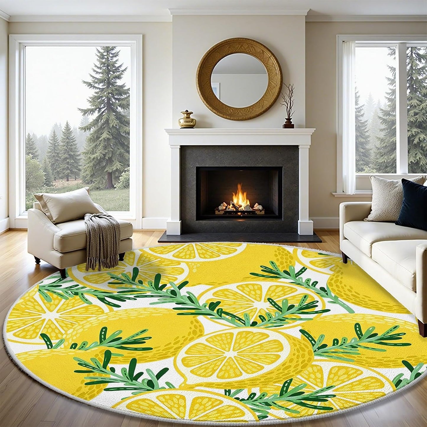 Lemon Rosemary Round Rug 2ft Summer Fruit Circle Area Rug Non-Slip Washable Round Carpet, Yellow Circle Rugs for Bedroom Living Room Kitchen Study Playing