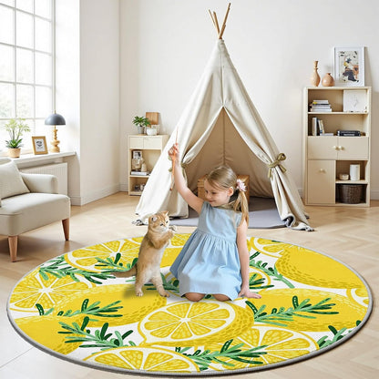 Lemon Rosemary Round Rug 2ft Summer Fruit Circle Area Rug Non-Slip Washable Round Carpet, Yellow Circle Rugs for Bedroom Living Room Kitchen Study Playing