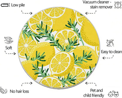 Lemon Rosemary Round Rug 2ft Summer Fruit Circle Area Rug Non-Slip Washable Round Carpet, Yellow Circle Rugs for Bedroom Living Room Kitchen Study Playing