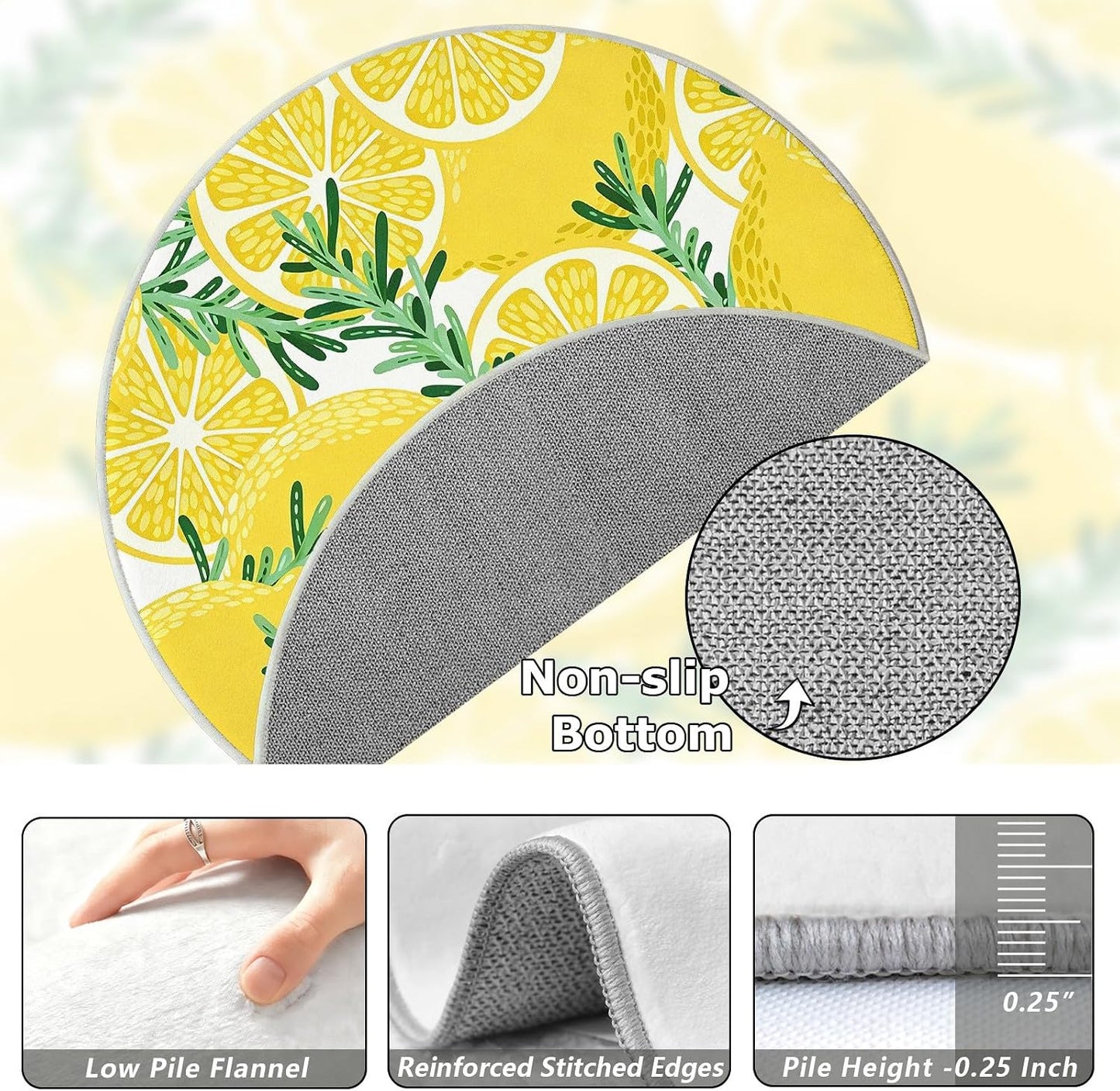 Lemon Rosemary Round Rug 2ft Summer Fruit Circle Area Rug Non-Slip Washable Round Carpet, Yellow Circle Rugs for Bedroom Living Room Kitchen Study Playing