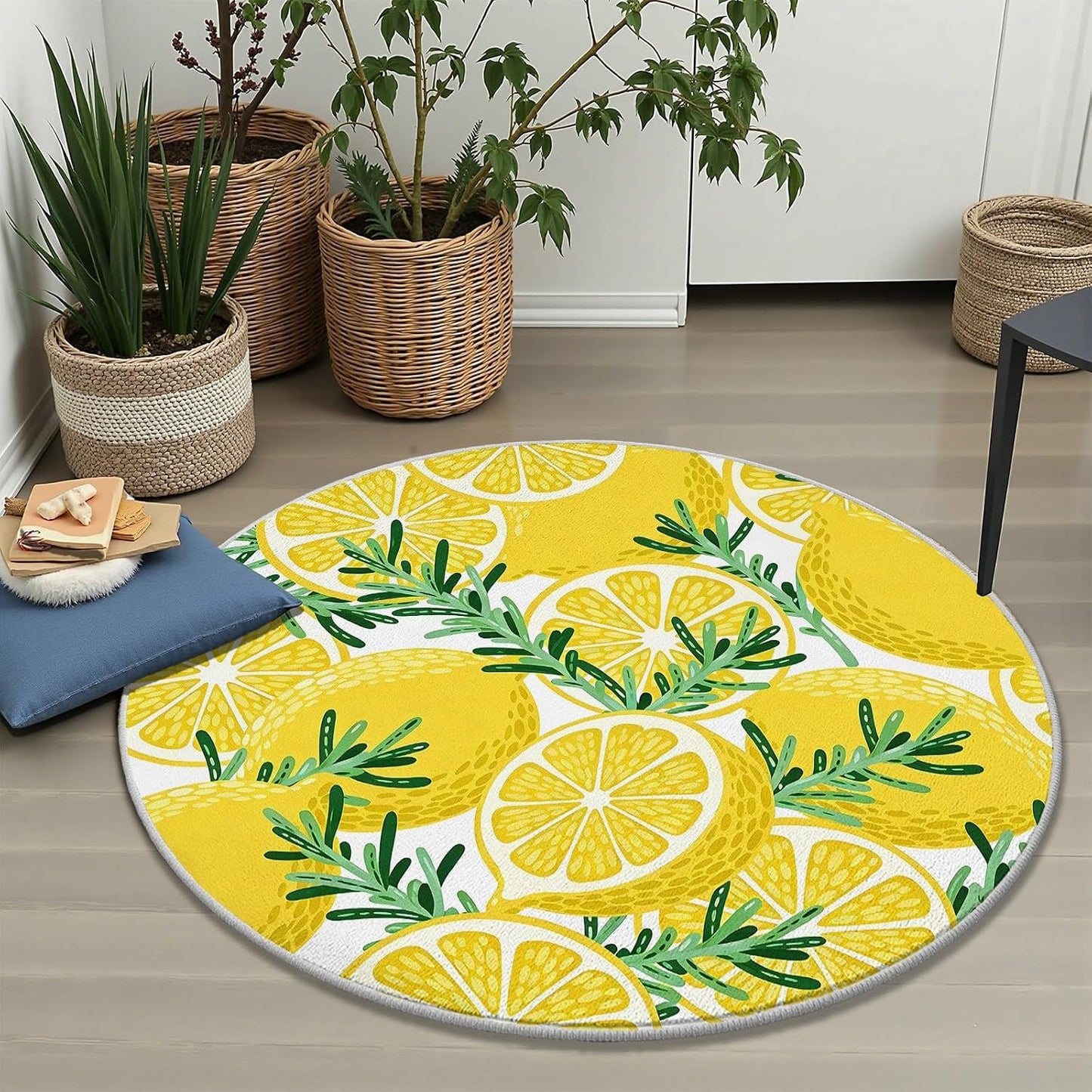 Lemon Rosemary Round Rug 2ft Summer Fruit Circle Area Rug Non-Slip Washable Round Carpet, Yellow Circle Rugs for Bedroom Living Room Kitchen Study Playing