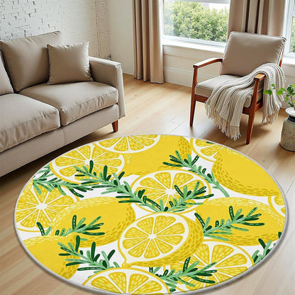 Lemon Rosemary Round Rug 2ft Summer Fruit Circle Area Rug Non-Slip Washable Round Carpet, Yellow Circle Rugs for Bedroom Living Room Kitchen Study Playing