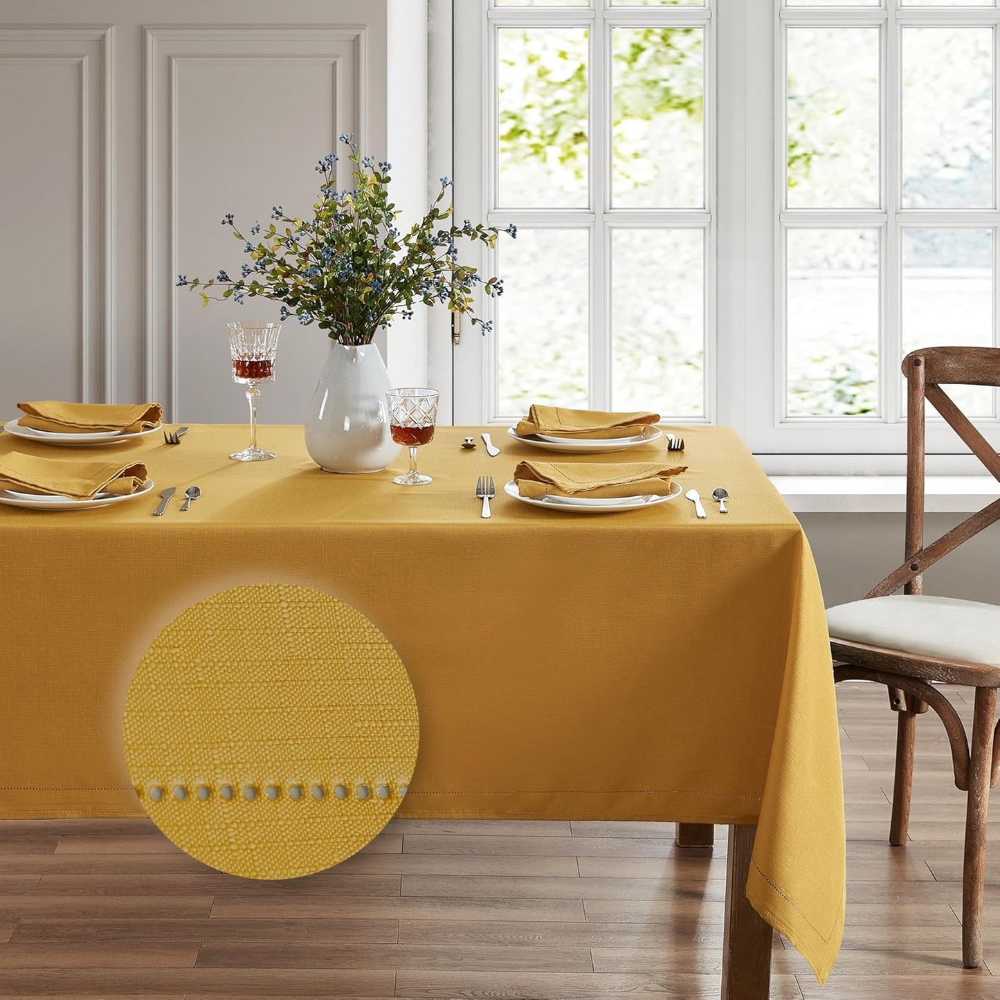 Alison Eyelet Border Design Wrinkle Resistant Fabric Tablecloth, 60"x102" Rectangle, Golden Yellow