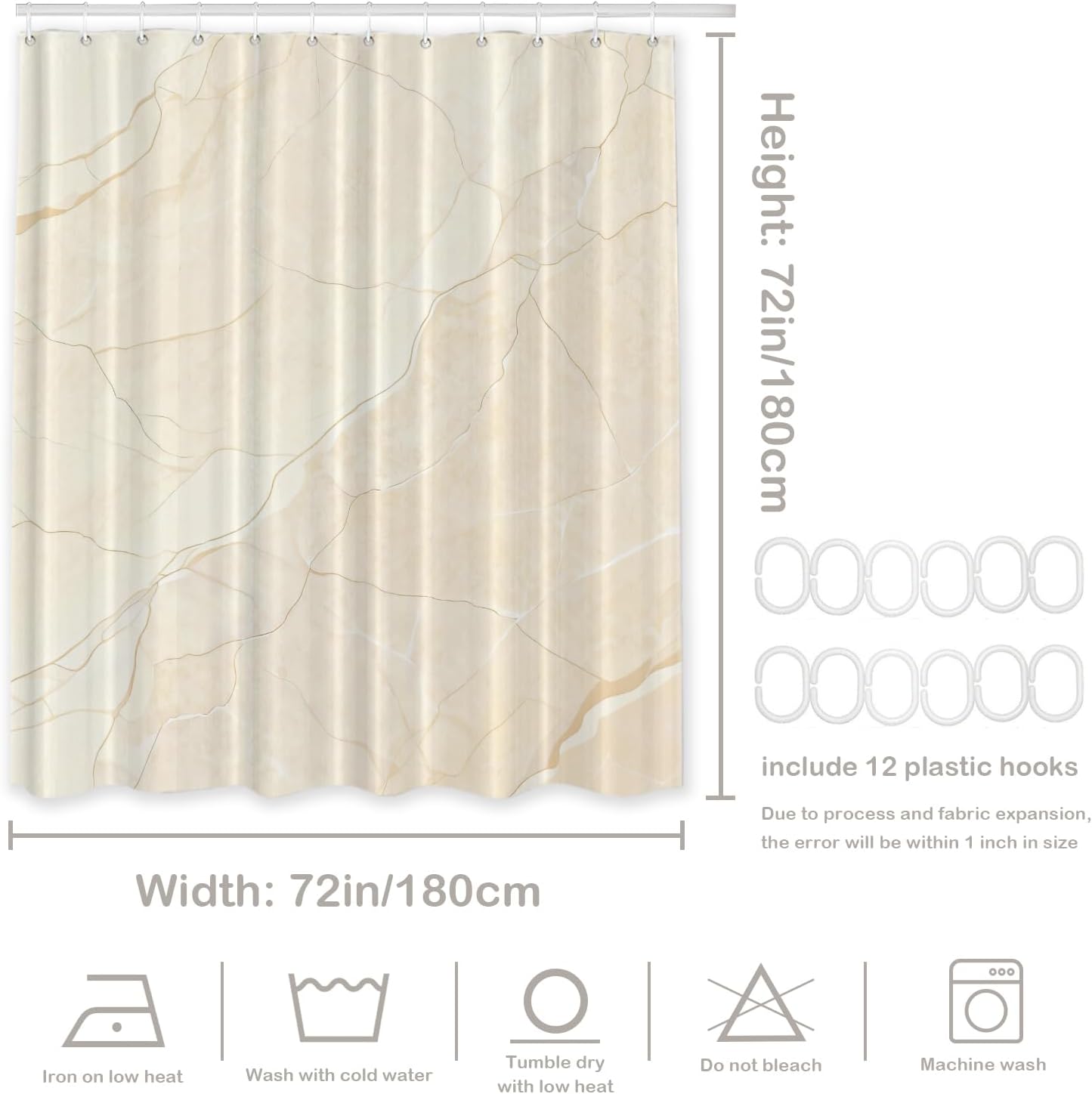 Beige Cream Marble Decorative Shower Curtain, Beige Cream Marble Yellow Shower Curtain for Shower Stall Bathtubs Bathroom Decor Waterproof Funny Standard Size 72x72 Inch