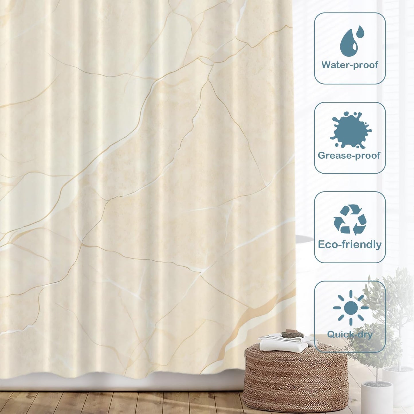 Beige Cream Marble Decorative Shower Curtain, Beige Cream Marble Yellow Shower Curtain for Shower Stall Bathtubs Bathroom Decor Waterproof Funny Standard Size 72x72 Inch