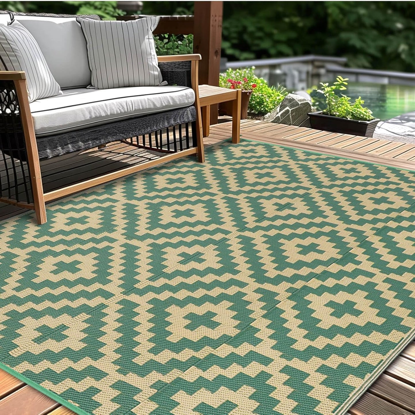 Outdoor Patio Plastic Straw Rug - 6x9 ft Outdoor Camping Rug Waterproof Reversible, Area Carpet Patios RV, Outside Porch Balcony Deck for Camper, Green & Yellow