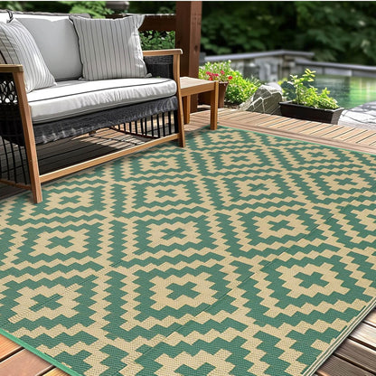 Outdoor Patio Plastic Straw Rug - 6x9 ft Outdoor Camping Rug Waterproof Reversible, Area Carpet Patios RV, Outside Porch Balcony Deck for Camper, Green & Yellow