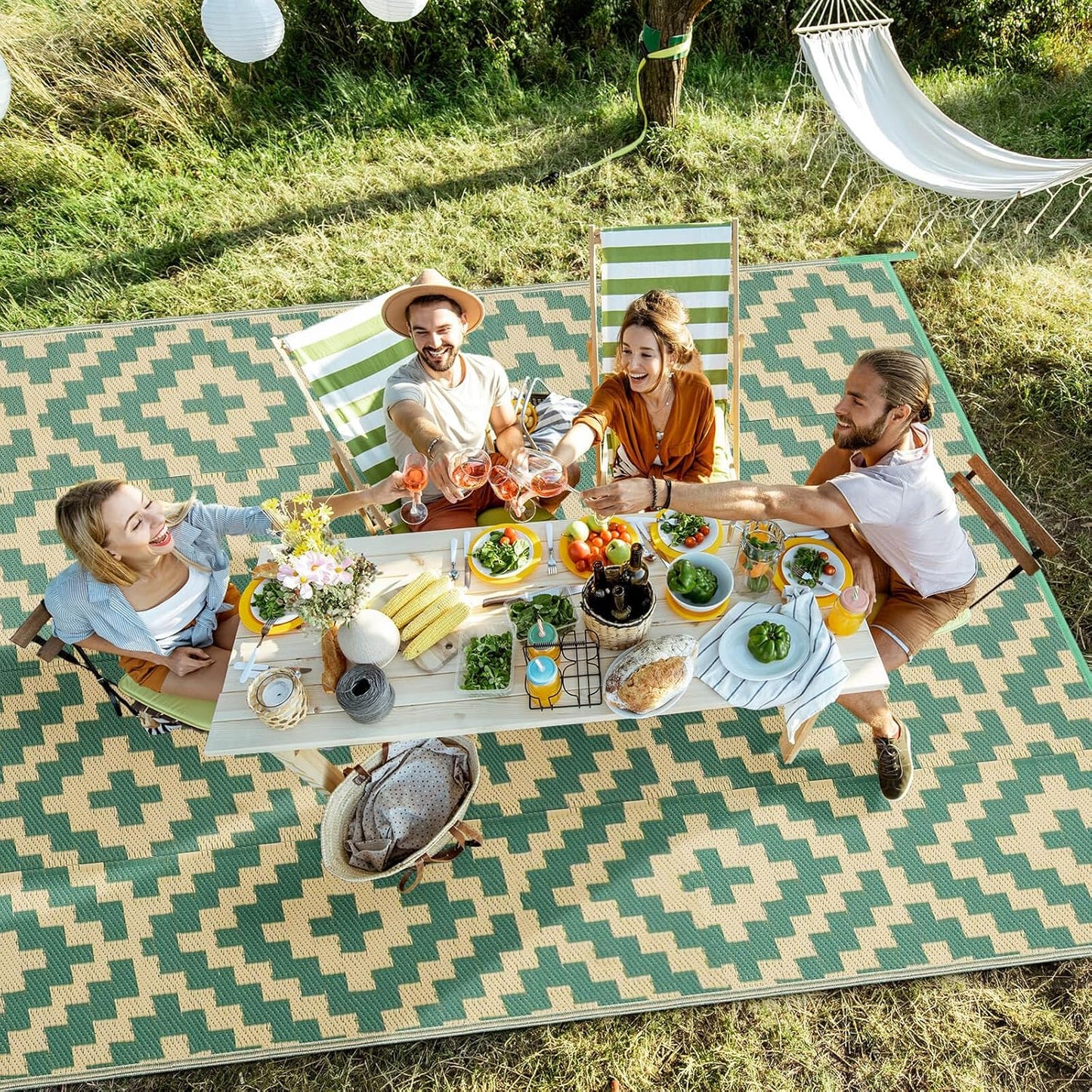 Outdoor Patio Plastic Straw Rug - 6x9 ft Outdoor Camping Rug Waterproof Reversible, Area Carpet Patios RV, Outside Porch Balcony Deck for Camper, Green & Yellow