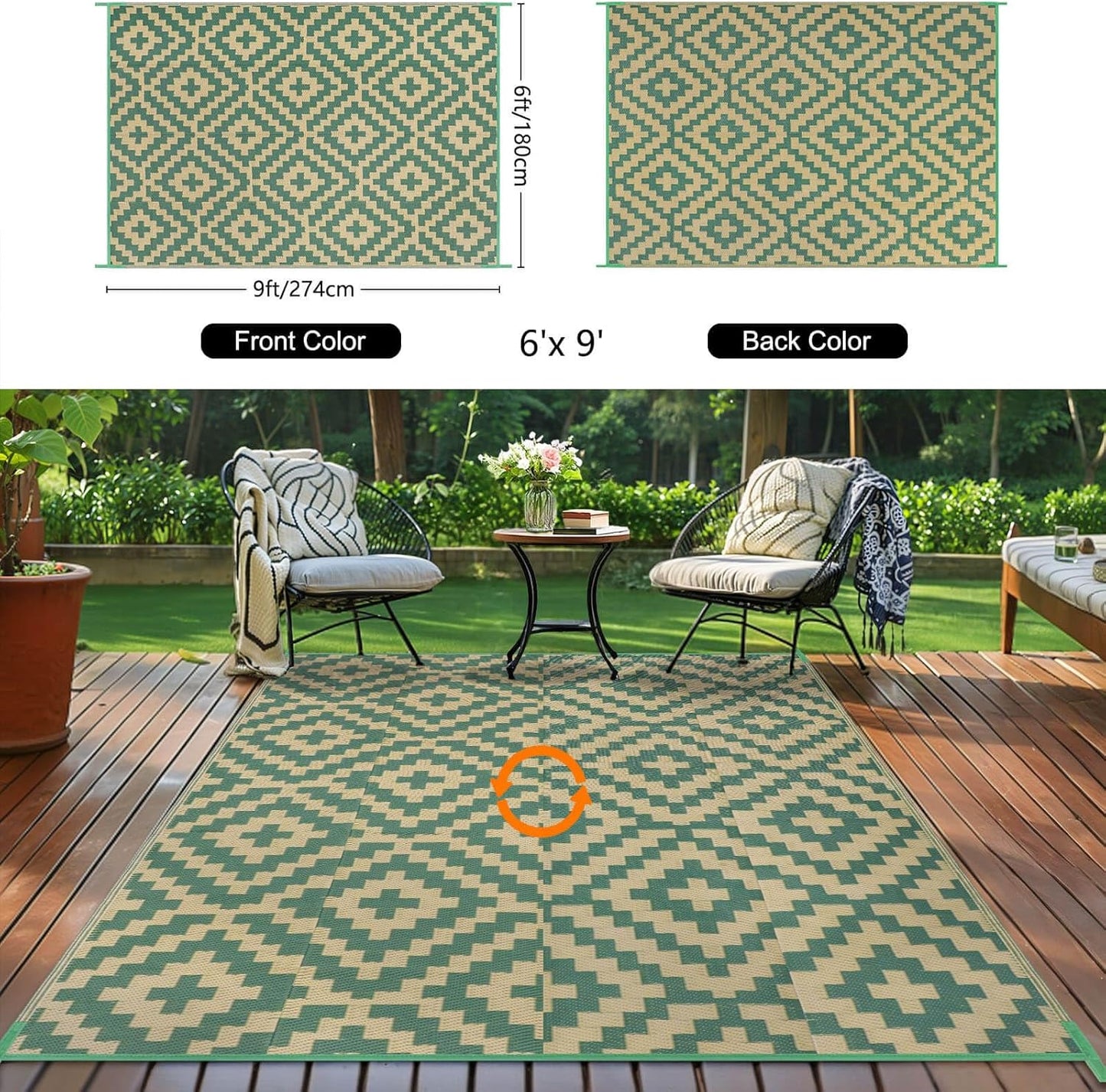 Outdoor Patio Plastic Straw Rug - 6x9 ft Outdoor Camping Rug Waterproof Reversible, Area Carpet Patios RV, Outside Porch Balcony Deck for Camper, Green & Yellow