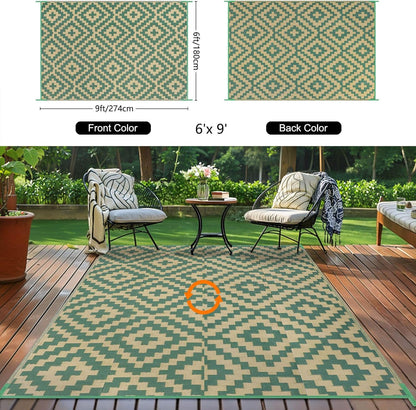 Outdoor Patio Plastic Straw Rug - 6x9 ft Outdoor Camping Rug Waterproof Reversible, Area Carpet Patios RV, Outside Porch Balcony Deck for Camper, Green & Yellow