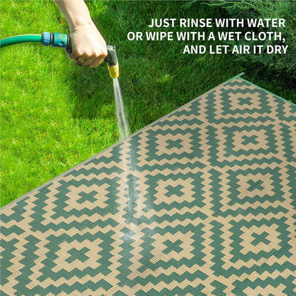 Outdoor Patio Plastic Straw Rug - 6x9 ft Outdoor Camping Rug Waterproof Reversible, Area Carpet Patios RV, Outside Porch Balcony Deck for Camper, Green & Yellow