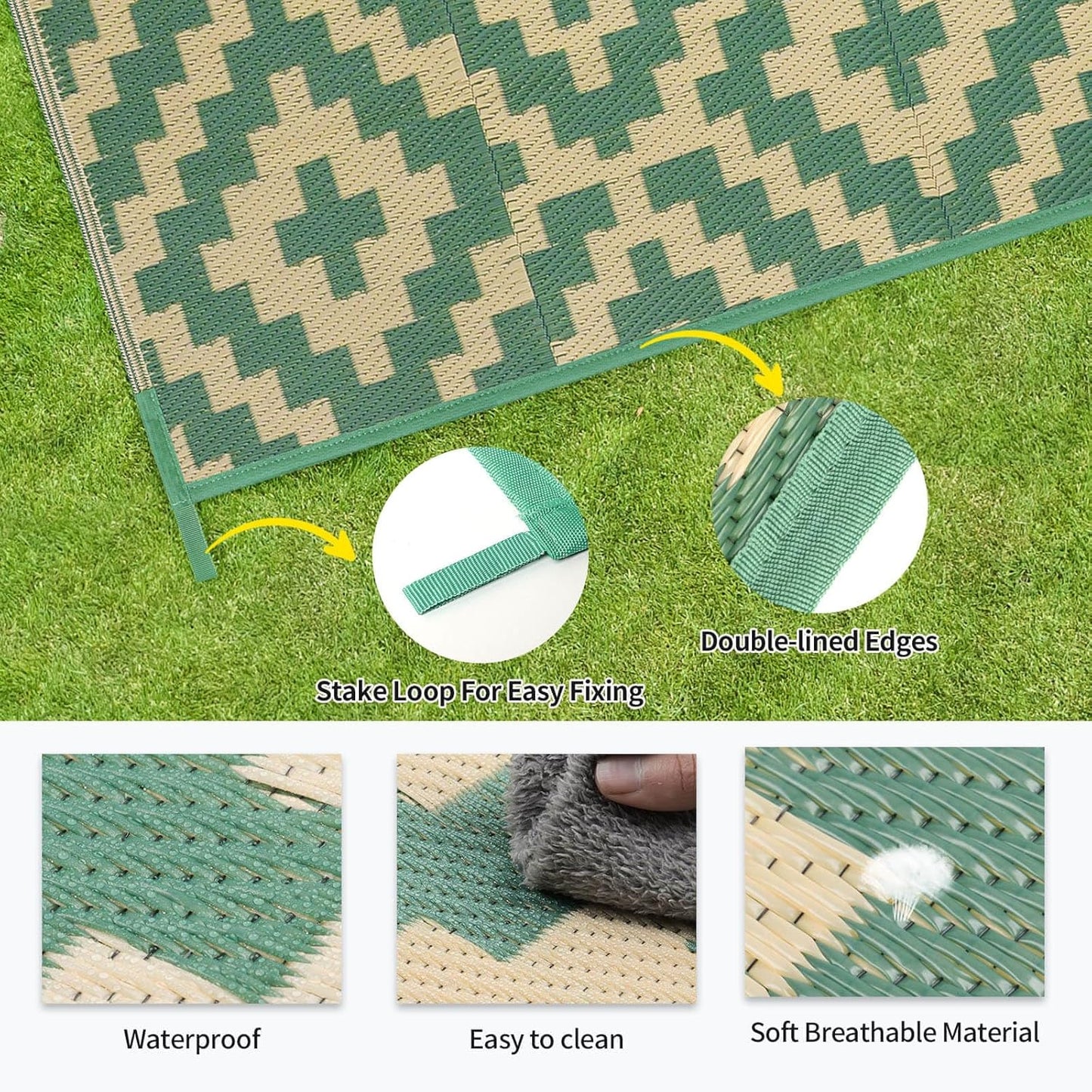 Outdoor Patio Plastic Straw Rug - 6x9 ft Outdoor Camping Rug Waterproof Reversible, Area Carpet Patios RV, Outside Porch Balcony Deck for Camper, Green & Yellow