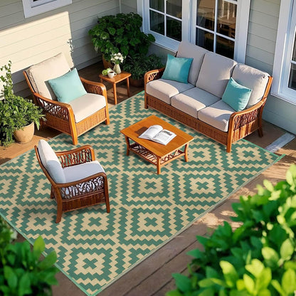 Outdoor Patio Plastic Straw Rug - 6x9 ft Outdoor Camping Rug Waterproof Reversible, Area Carpet Patios RV, Outside Porch Balcony Deck for Camper, Green & Yellow