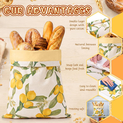 2 Pack Beeswax Bread Bags 17 x 13 in Reusable Beeswax and Cotton Bread Bags for Sourdough and Homemade Breads Storage to Keep Fresh Moisture(Yellow,Lemon)