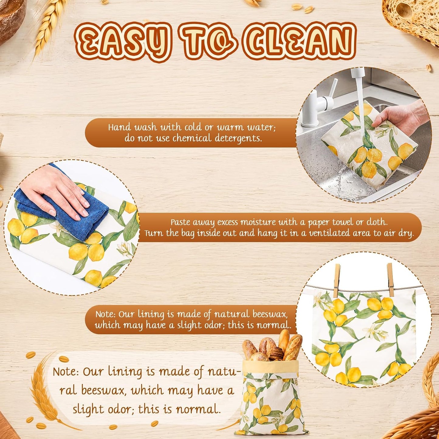 2 Pack Beeswax Bread Bags 17 x 13 in Reusable Beeswax and Cotton Bread Bags for Sourdough and Homemade Breads Storage to Keep Fresh Moisture(Yellow,Lemon)