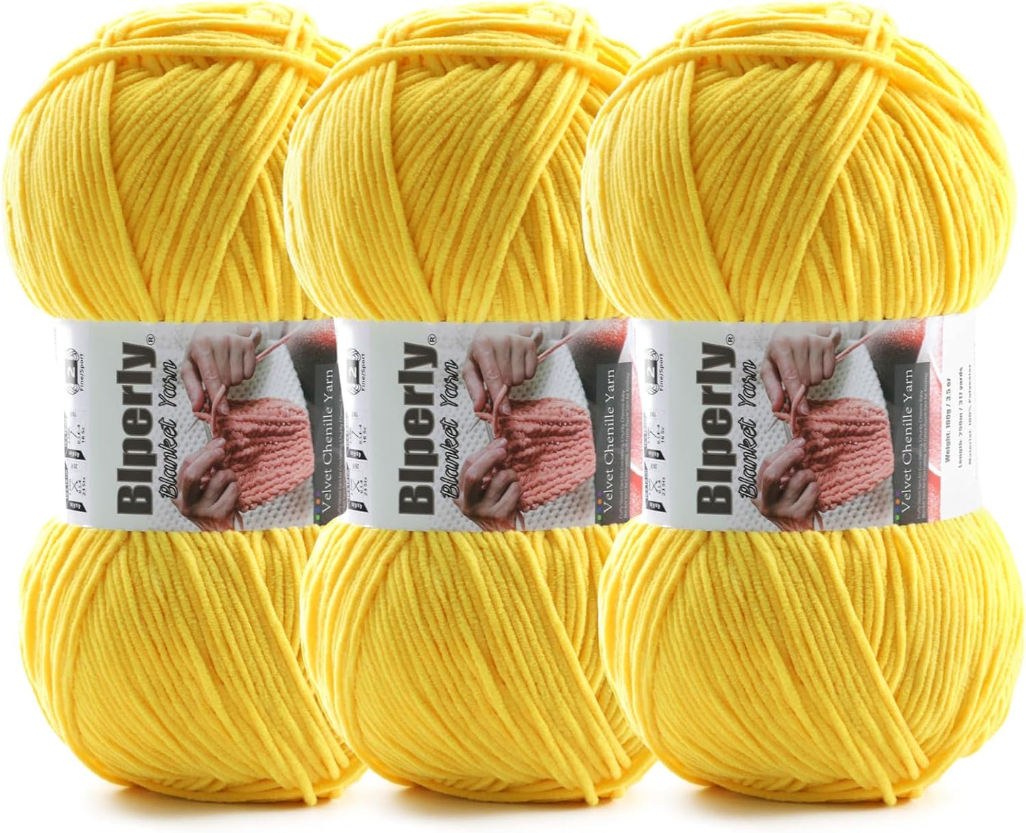 Skinny Chenille Yarn for Crocheting and Knitting - 3 Pack of 100g/317yds Ultra Soft Fluffy Plush Velvet Yarn - #2 Crochet Yarn for Amigurumi, Blankets, Plush Dolls, Baby Clothes (3, Yellow)