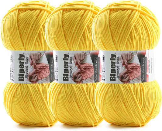 Skinny Chenille Yarn for Crocheting and Knitting - 3 Pack of 100g/317yds Ultra Soft Fluffy Plush Velvet Yarn - #2 Crochet Yarn for Amigurumi, Blankets, Plush Dolls, Baby Clothes (3, Yellow)