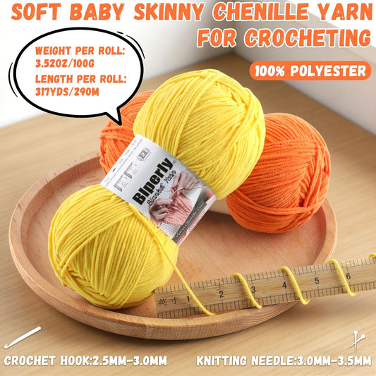 Skinny Chenille Yarn for Crocheting and Knitting - 3 Pack of 100g/317yds Ultra Soft Fluffy Plush Velvet Yarn - #2 Crochet Yarn for Amigurumi, Blankets, Plush Dolls, Baby Clothes (3, Yellow)