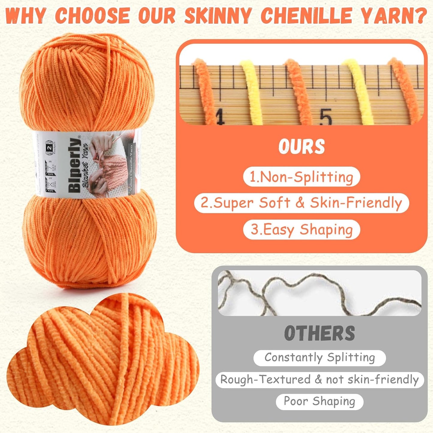 Skinny Chenille Yarn for Crocheting and Knitting - 3 Pack of 100g/317yds Ultra Soft Fluffy Plush Velvet Yarn - #2 Crochet Yarn for Amigurumi, Blankets, Plush Dolls, Baby Clothes (3, Yellow)