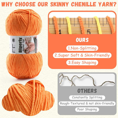 Skinny Chenille Yarn for Crocheting and Knitting - 3 Pack of 100g/317yds Ultra Soft Fluffy Plush Velvet Yarn - #2 Crochet Yarn for Amigurumi, Blankets, Plush Dolls, Baby Clothes (3, Yellow)