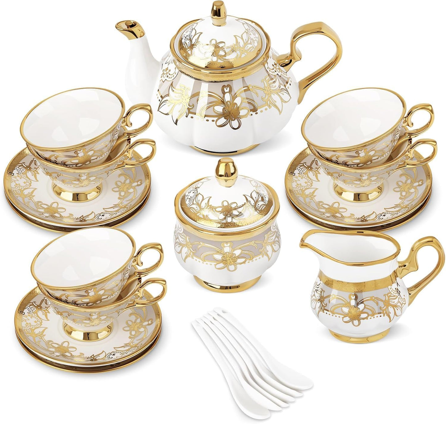 21 Pieces Porcelain Tea Set with Sugar Bowl Creamer, Cup and Saucers for 6, Royal Floral Tea Service with Gold Trim for Party Wedding Birthday Gifting