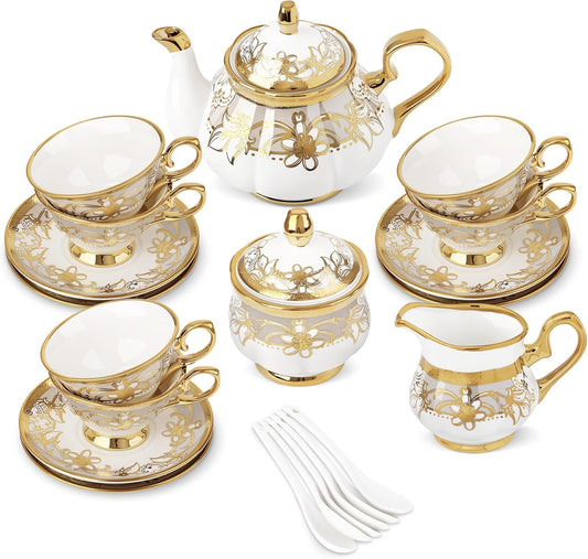 21 Pieces Porcelain Tea Set with Sugar Bowl Creamer, Cup and Saucers for 6, Royal Floral Tea Service with Gold Trim for Party Wedding Birthday Gifting