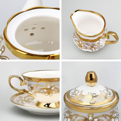 21 Pieces Porcelain Tea Set with Sugar Bowl Creamer, Cup and Saucers for 6, Royal Floral Tea Service with Gold Trim for Party Wedding Birthday Gifting