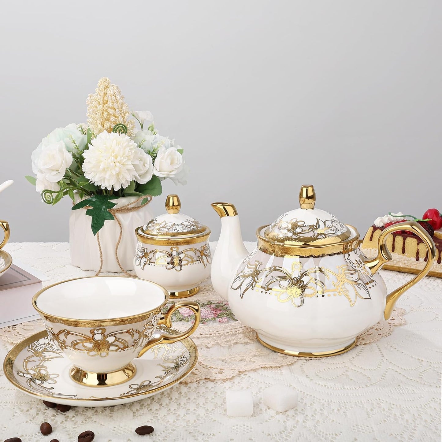 21 Pieces Porcelain Tea Set with Sugar Bowl Creamer, Cup and Saucers for 6, Royal Floral Tea Service with Gold Trim for Party Wedding Birthday Gifting
