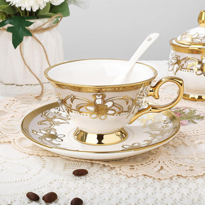 21 Pieces Porcelain Tea Set with Sugar Bowl Creamer, Cup and Saucers for 6, Royal Floral Tea Service with Gold Trim for Party Wedding Birthday Gifting