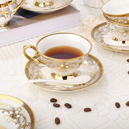 21 Pieces Porcelain Tea Set with Sugar Bowl Creamer, Cup and Saucers for 6, Royal Floral Tea Service with Gold Trim for Party Wedding Birthday Gifting