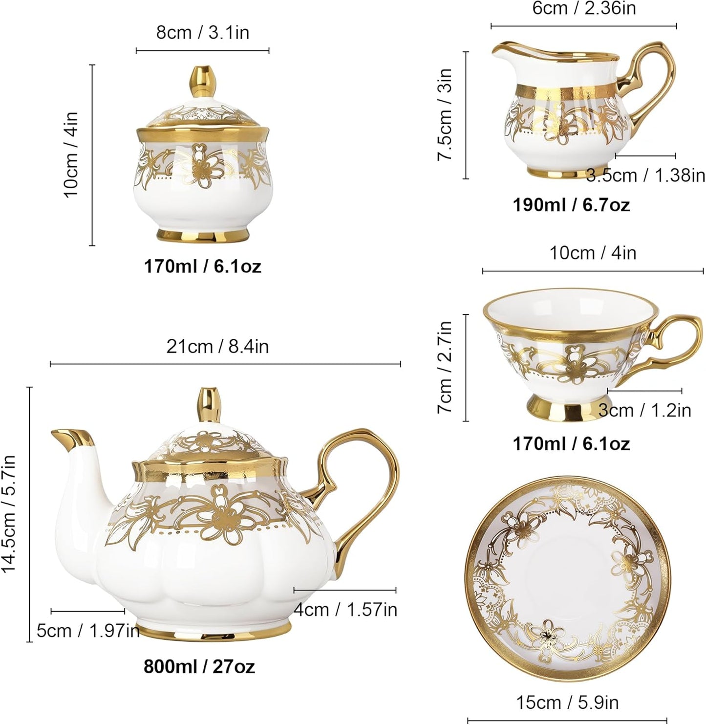 21 Pieces Porcelain Tea Set with Sugar Bowl Creamer, Cup and Saucers for 6, Royal Floral Tea Service with Gold Trim for Party Wedding Birthday Gifting