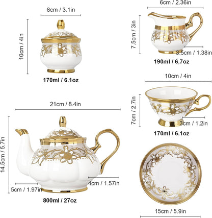 21 Pieces Porcelain Tea Set with Sugar Bowl Creamer, Cup and Saucers for 6, Royal Floral Tea Service with Gold Trim for Party Wedding Birthday Gifting