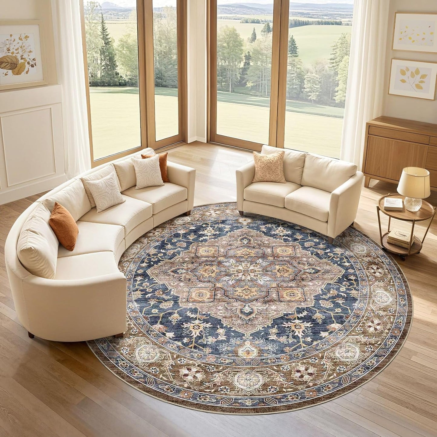 Round Rug Living Room Rugs: 8x8 Washable Boho Neutral Large Circle Soft Indoor Floral Stain Resistant Floor Farmhouse Carpet for Bedroom Nursery Kids Playroom Office Dining Room Dorm- Yellow Blue